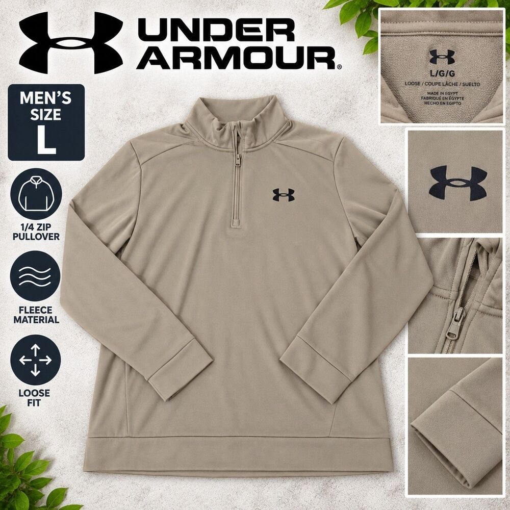Under Armour Men's L 1/4 Zip Fleece Pullover Tan Loose Fit Made in Egypt